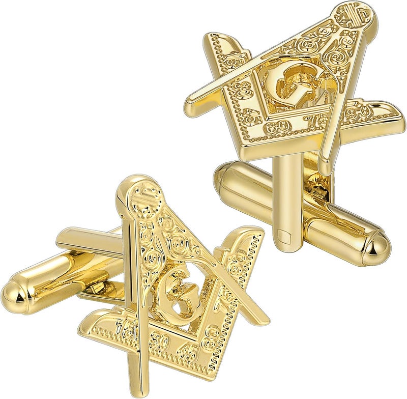 AMITER Masonic Tie Clip and Cufflinks Set, 18K Gold Mens Necktie Bar Cuff Links Personalized Gift for Freemason Husband Father Boyfriend - Image 1